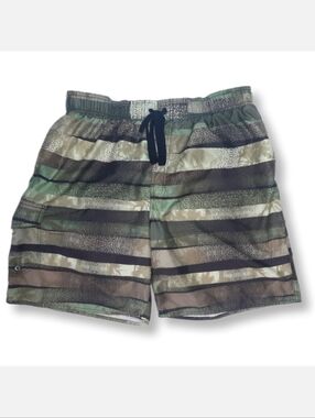 3/$20 Dockers Striped Cargo Swim Trunks Army Green Mens Size XL Bathing Suit